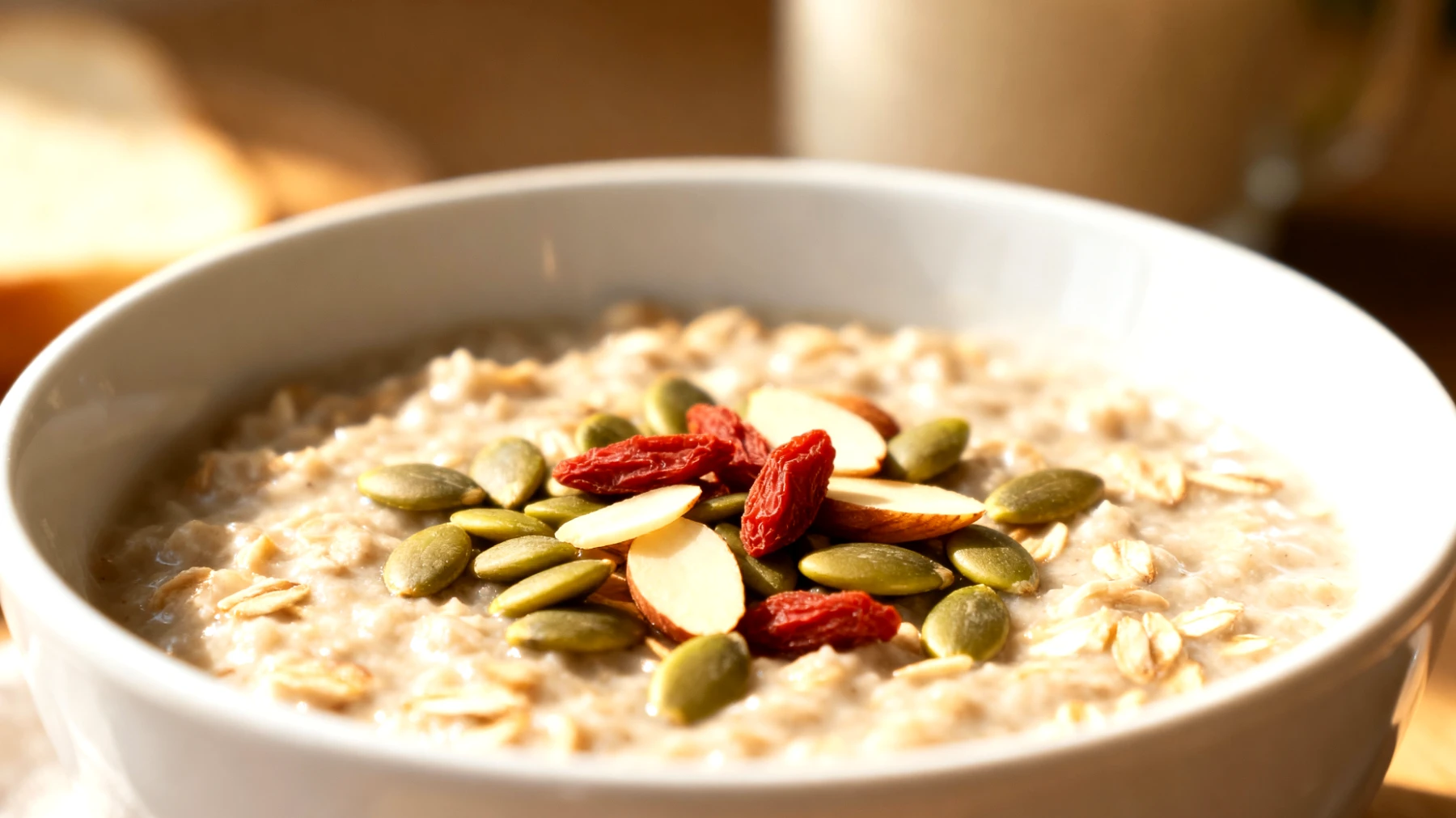 Porridge di avena con semi di zucca, mandorle e bacche di goji"